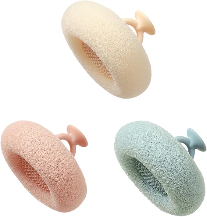 Soft Sunflower Bath Ball with Suction Cup Hook, 3D Textured Mesh Exfoliating Bath Sponge Cleaning Brush，New Silicone Massage Center for Deep Cleansing (Off-White+Flesh Pink+Light Cyan)