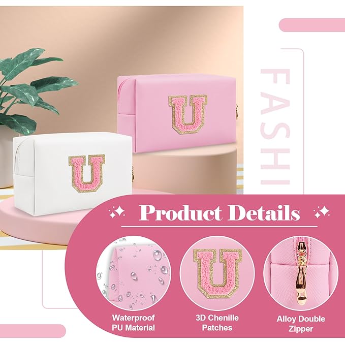 Personalized Initial A-Z Preppy Patch Makeup Bag,Small PU Leather Chenille Letter Cosmetic Bag with Zipper for Teen Girls,Pink Cute Travel Toiletry Bag,Birthday Monogrammed Gift for Daughter,Letter U