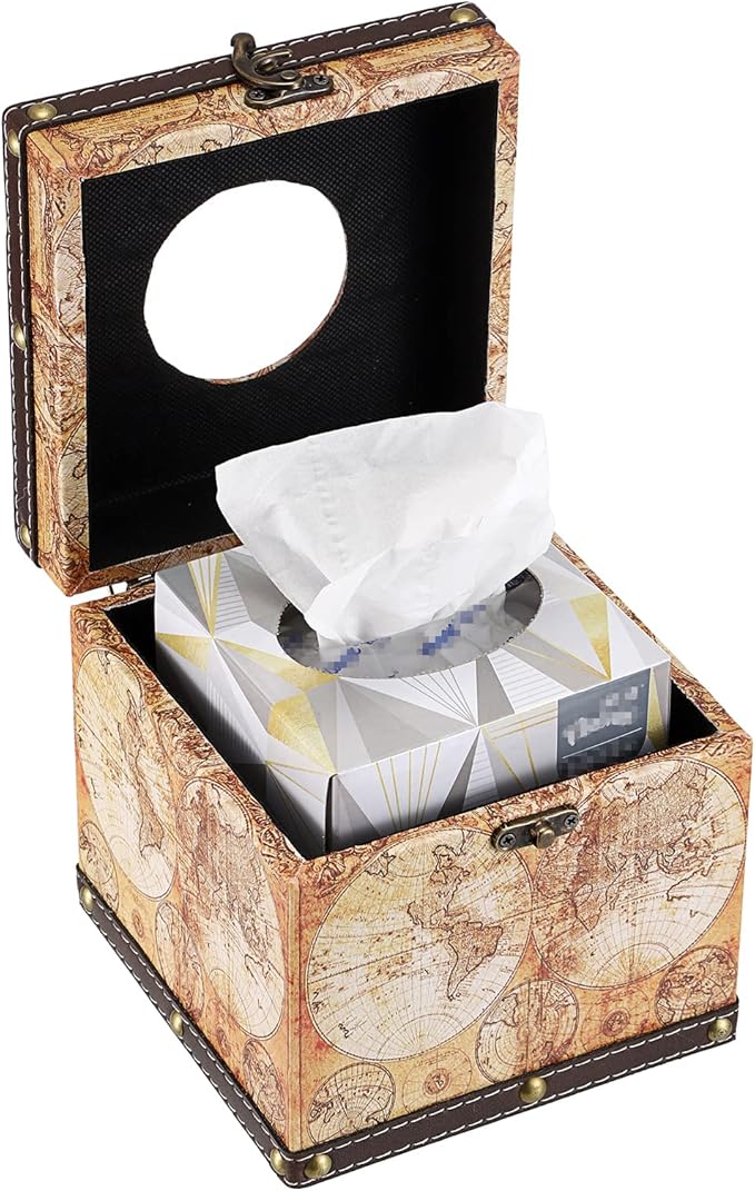 Sumnacon Retro Wood Square Tissue Box Cover - Vintage Cube Tissue Box Holder, Decorative Facial Tissue Holder for Bedroom Bathroom Dresser Night Stand Table Car Store Office Home Decor, Yellow