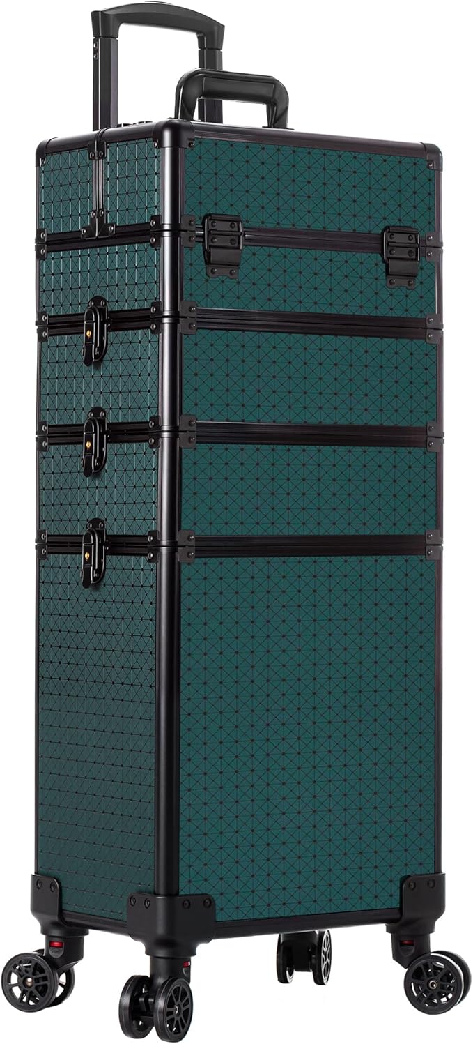 AROUS Rolling Makeup Train Case 4 in 1 Cosmetology Case on Wheels Large Storage Cosmetic Trolley with Key Salon Barber Traveling Cart Trunk, Green
