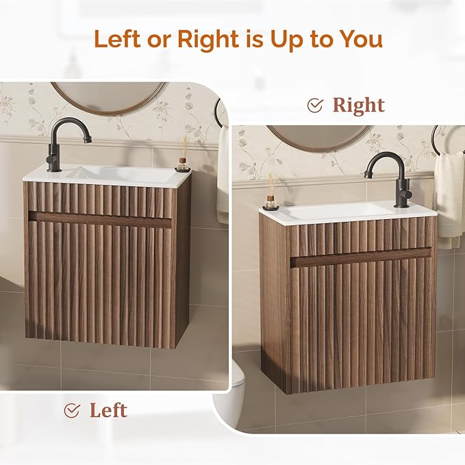 VINGLI 18" Floating Fluted Bathroom Vanity with Ceramic Sink, Wall Mounted Bathroom Vanity Cabinet with Fluted Single Door&White Ceramic Basin Top, 18 Inch Floating Wall Sink Cabinet Combo,Walnut