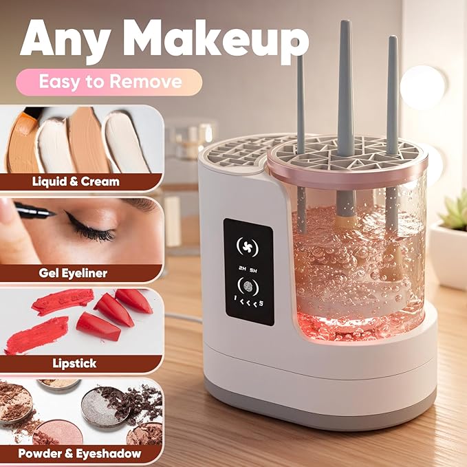 3-in-1 Makeup Brush Cleaner Machine & Dryer, Electric Automatic Brush Washer with Holder, USB-C Touch Control, One-Button Cleaning, Portable Cosmetic Brush Cleaner, Fits Most Sizes