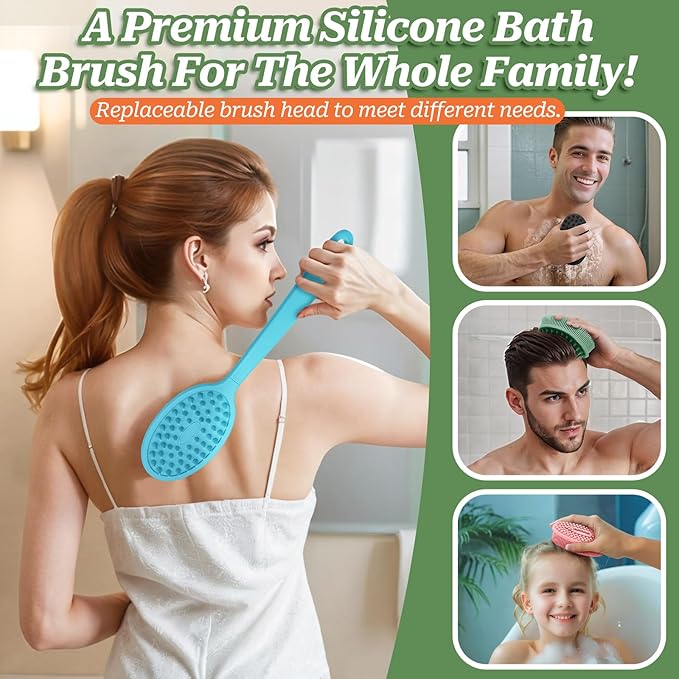 Silicone Back Scrubber for Shower, Gentle Exfoliating Body Scrubber & Back Washer with Handle, Silicone Loofah with Two Dual-Side & Replaceable Brush Heads(Blue-Two Heads)