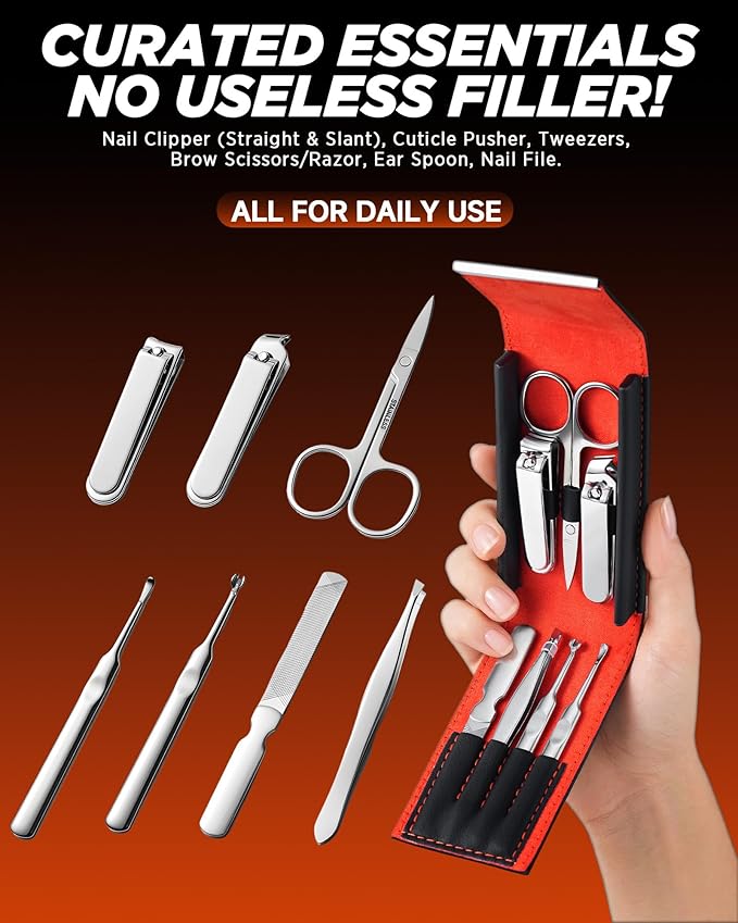 Portable Nail Clipper Set, 7-in-1 Stainless Steel Manicure Kit for Men Travel Grooming Kit with Compact Case, Premium Men's Nail Care Set