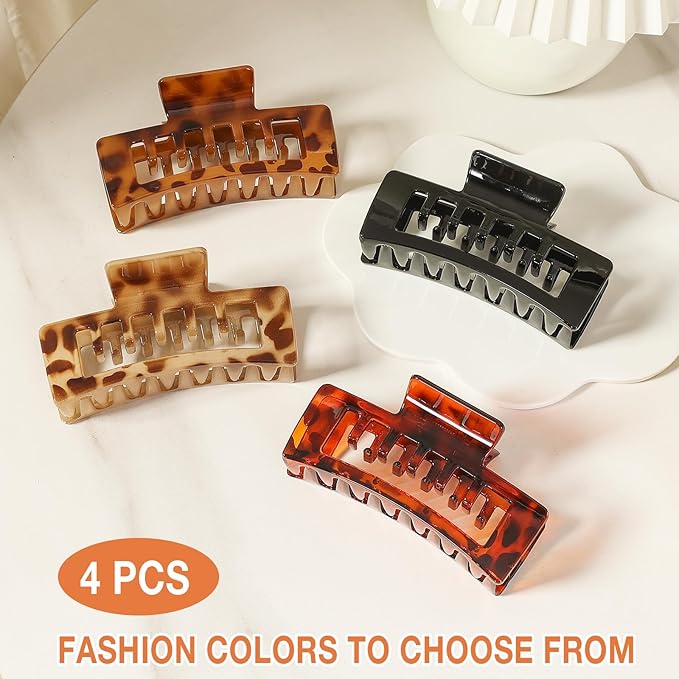 4 PCS Extra Large Claw Clips for Thick Hair, 5 Inch Jumbo Square Hair Clips for Women, Strong Hold Double Teeth Claw Clip for Hat, Non Slip Rectangle Jaw Clips Hair Accessories, Tortoise & Black