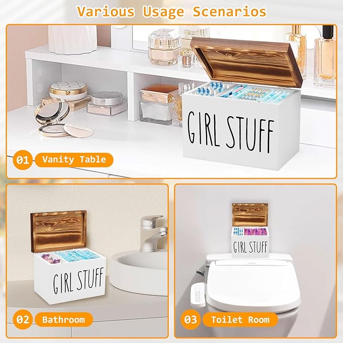 Tampon Holder for Bathroom, Feminine Product Organizer Pad Case with Lid, Pad and Tampon Organizer, Bathroom Accessories Box for Girl Stuff (White)
