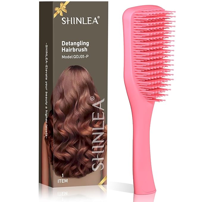 No Tangle Hair Brush for Wet or Dry, Wave-Shaped Detangler to Reduce Breakage, Lightweight Travel Hairbrush for Wavy, Thin, Long and Short Hair, Pink