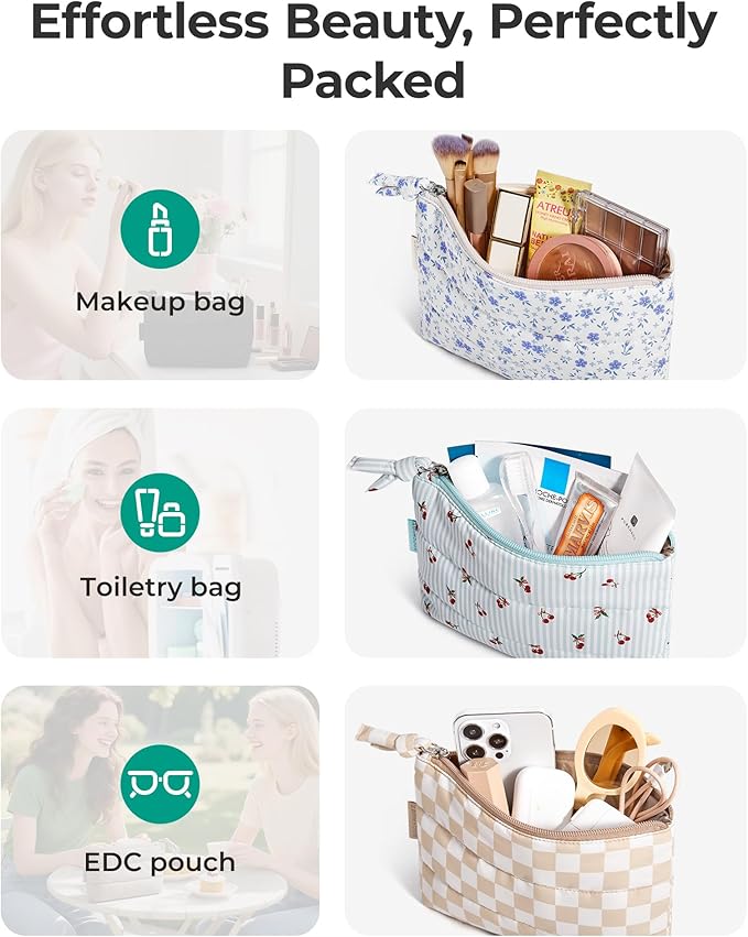 BAGSMART Small Makeup Bag, Puffy Portable Cosmetic Pouch with Charm Zipper, Water-Resistant Travel Organizer for Women (Ditsy Cherry Print, Small)