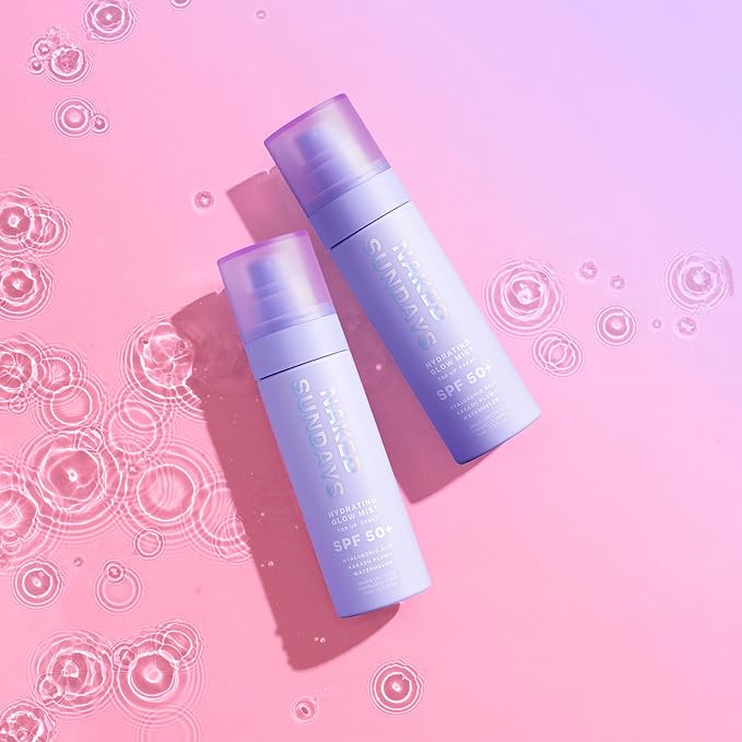Naked Sundays SPF 50 Hydrating Glow Face Mist - Daily Sunscreen Spray & Makeup Setting Spray with Hyaluronic Acid, Lightweight, Non-Greasy & Hydrating, 2-Pack
