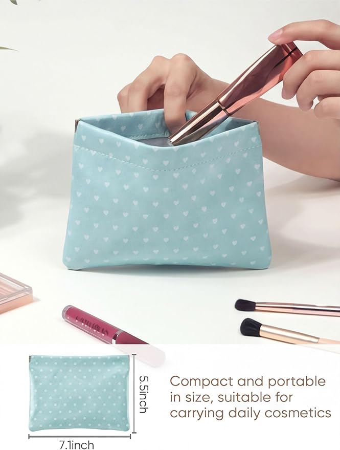 Hearts Leather Makeup Pouch Set for Women Small Make Up Bag for Purse Waterproof Initial Makeup Cosmetic Bags Pouches for Purse Aesthetic Travel Toiletry Bag,Grey Blue