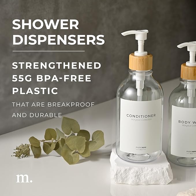 MaisoNovo Refillable Shampoo and Conditioner Bottles - 16.9 fl oz Set of 3 Clear Plastic Bottles White Bamboo Pumps
