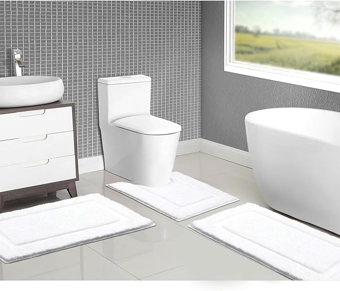 SHACOS White Bathroom Rugs Sets 3 Piece, 16"x24" + 20"x32" Non Slip Bath Mat and 20"x24" Toilet Rugs U Shaped Washable, Soft Fluffy Water Absorbent Bath Rugs for Bathroom