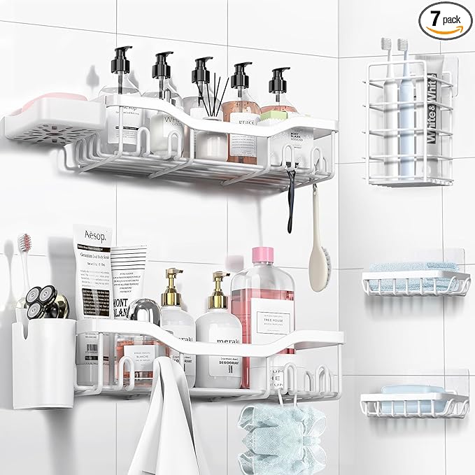 Shower Caddy Adhesive Shower Organizer 7-Pack, Rustproof Stainless Steel Bathroom Shelves, Large Capacity No-Drill Rack Storage Accessories with Soap Dish Toothbrush Holder Hooks