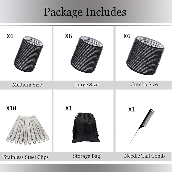 38Pcs Hair Rollers Set,Hair Rollers for Blowout Look, Self Sticky Hair Curlers, Jumbo Large Medium Sizes for Short Long Hair,with18 Rollers 18 Metal Clips & Comb & Storage Bag (Gift Pack)