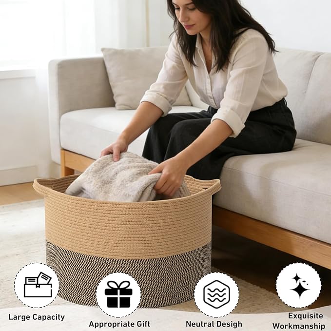115L Large Blanket Basket,23.6" L x 23.6" W x 15.7" H Rope Woven Baskets with Handles, Toys Storage Bins,Laundry Basket Perfect for Living Room, Nursery,Bedroom,Home Organization,Jute&Black