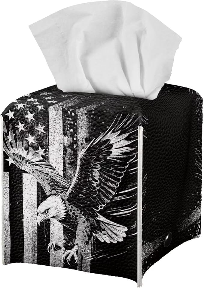 American Flag Eagle Portable Tissue Box Holder, Lightweight PU Leather Square Tissue Cover with Metal Button, Easy Refill Waterproof Napkin Dispenser for Travel, Car, Office, and Bedroom
