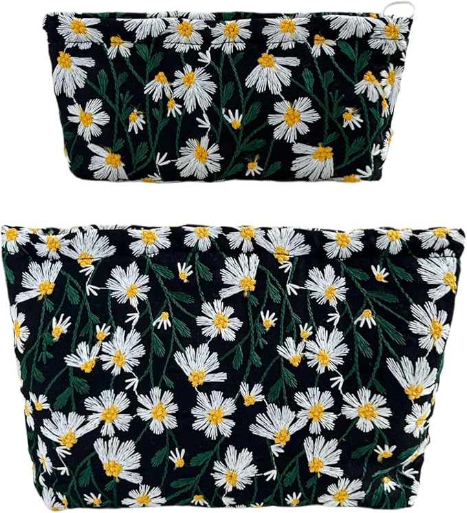 2 Pcs Makeup Bags, Large Cosmetic Bag Travel Toiletry Bag Organizer for Women, Embroidery Craft, Floral Makeup Bag Small Cosmetic Pouch Purse with Zipper Gifts for Girls Teen