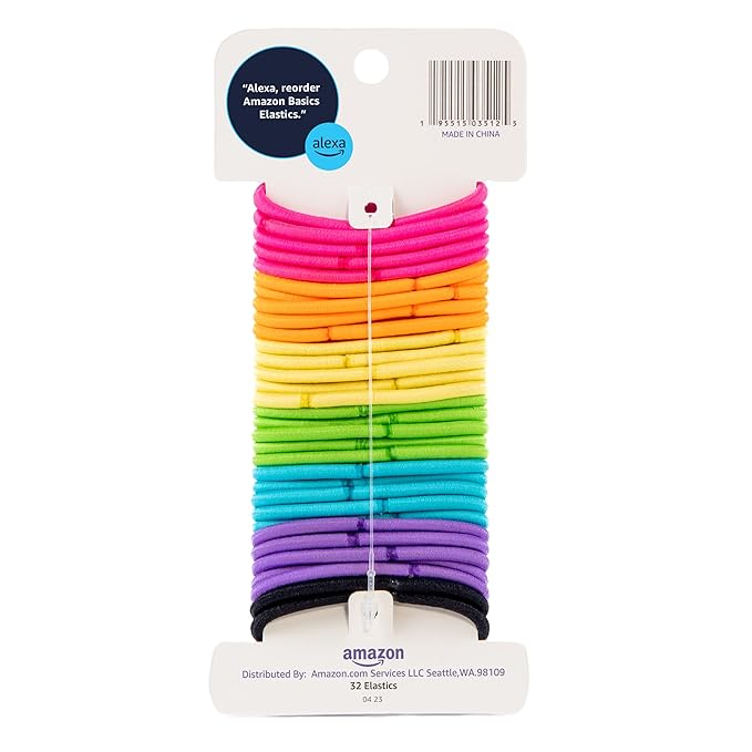 Amazon Basics No Damage Elastic Hair Ties, Ponytail Holders for Thick Hair, No Pull, Secure Hold, Snag-Free, Bright 4 MM Elastics for All Types, 32 Count