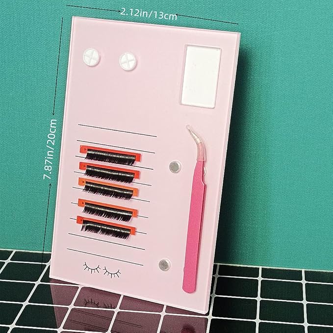 Acrylic Eyelash Grafting Pallet, Lash Tile holder, Bigger Size Glue Cups Eyelash Extensions Storage Gasket Pads with Magnetic Suction for 2 Tweezers (Pink-7.87x5.12in)