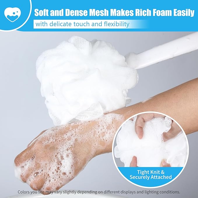 VANZAVANZU Loofah Sponge Set Back Scrubber for Shower, Anti-Slip Plastic 17" Handle Loofah on a Stick with Fluffy Shower Sponge, PE Soft Mesh Shower Loofahs-White with Blue Grip