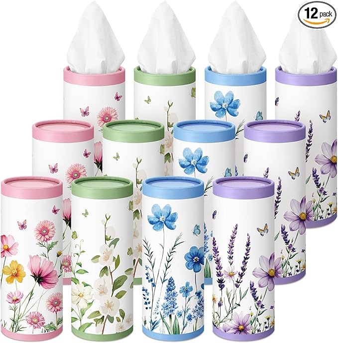 12 Pack Car Tissue Cylinder Holder Bulk with 3 Ply Facial Tissues, Round Napkin Holders for Car Cup Holder Cylinder Travel Paper Tubes Bulk Round Napkin Boxes Packs(Classic Flower)