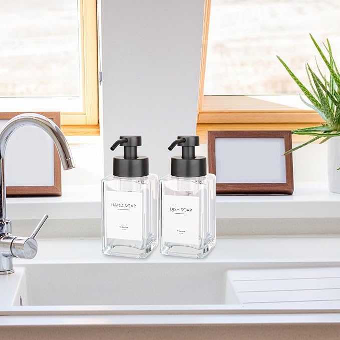 Foaming Soap Dispenser with Stainless Steel Pump, 12oz Refillable Glass Liquid Dish Soap Bottles for Bathroom, Kitchen Sink, Home Decor, 2 Pack