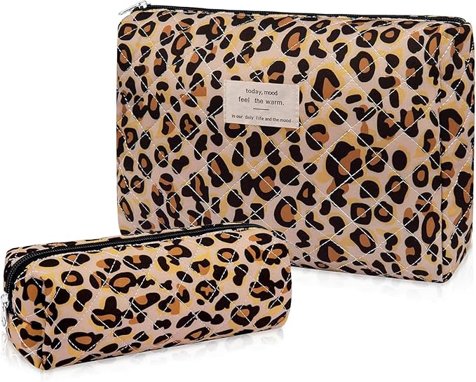 2PC Makeup Bag Set, Cute Cosmetic Bag for Women Girls, Floral Coquette Aesthetic Toiletry Bag, Travel Make Up Organizer Bag (Leopard Print)