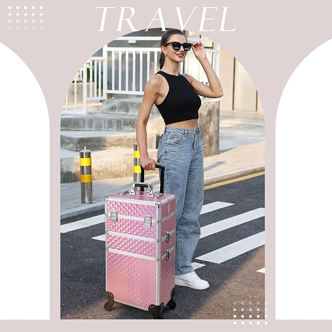 Adazzo 3 in 1 Professional Rolling Makeup Train Case Aluminum Trolley Case with 360° Rotation Wheels for Makuep Artist Cosmetic Suitcase Organizer with Lock and Key Diamond Pattern - Pink
