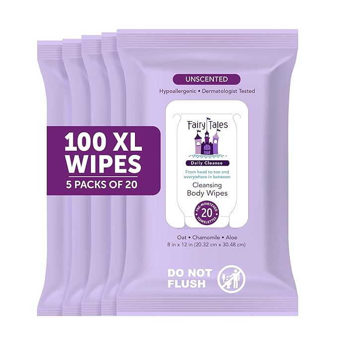 Fairy Tales Daily Cleanse XL Wipes for Kids – Extra Large Body Wipes, Gentle Disposable Washcloths, Unscented, Alcohol Free Cleansing Cloths – 5 pk (100ct total)