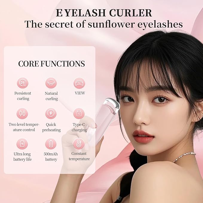 Heated Eyelash Curler for Natural Lashes 2 Level Adjustable Temperature Mini Electric Lash Curler Fast 3 Second Heat Up 24 Hours Long Lasting Curl (PinkBlack)