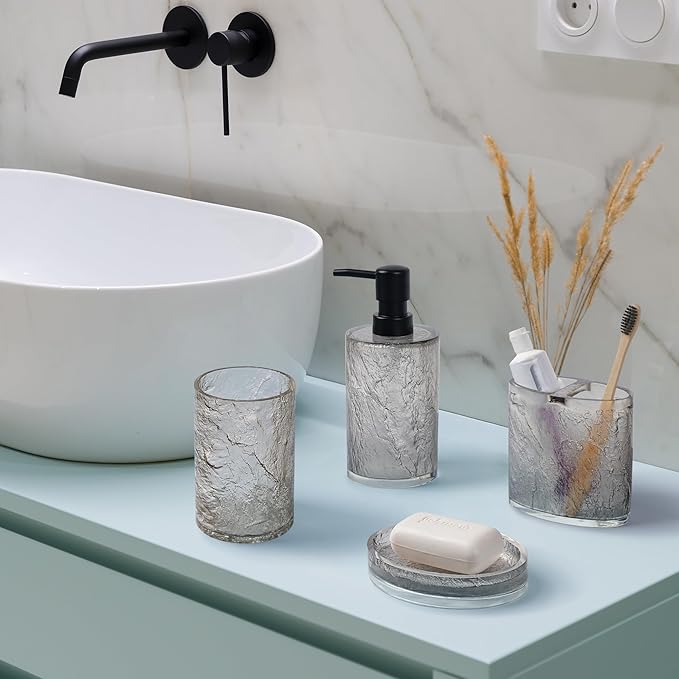 Modern Luxe Bathroom Accessories Set 4 Pcs Resin Bathroom Accessory Set Soap Dispenser Toothbrush Holder Tumbler Soap Dish Easy to Clean Crackle Pattern Translucent Black