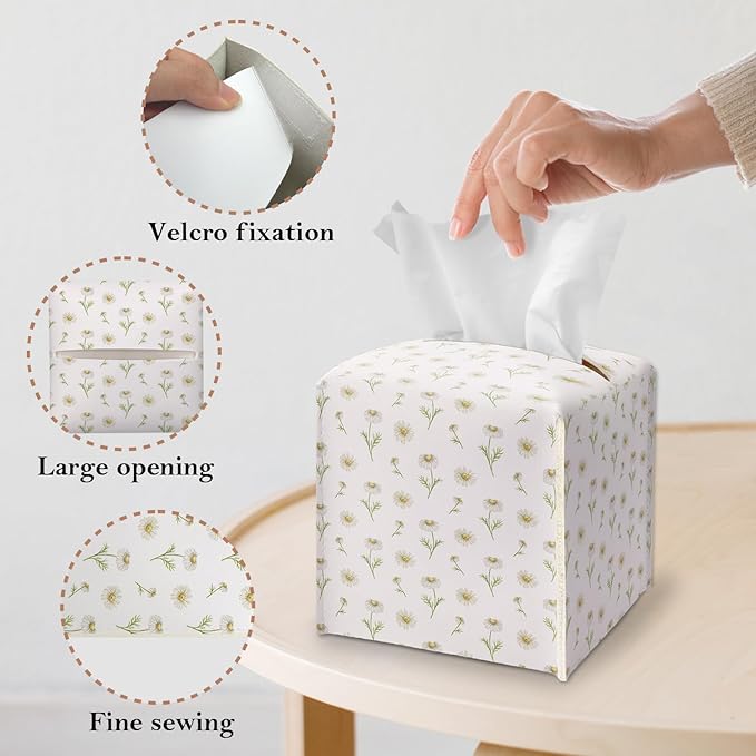 Tissue Box Cover Square - White Daisy Floral Tissue Box Holder with Bottom Belt, Leather Facial Paper Organizer for Bathroom Vanity Countertop, Nightstands, Dining Table, Office, Car -21