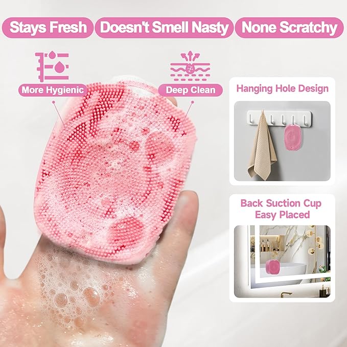 2 PCS Face Scrubber, Soft Silicone Face Exfoliator with Suction Cup for Man and Women Deep Skin Clean, Gentle Facial Cleaning Brush Suitable for All Sensitive Skin (Pink+Blue)