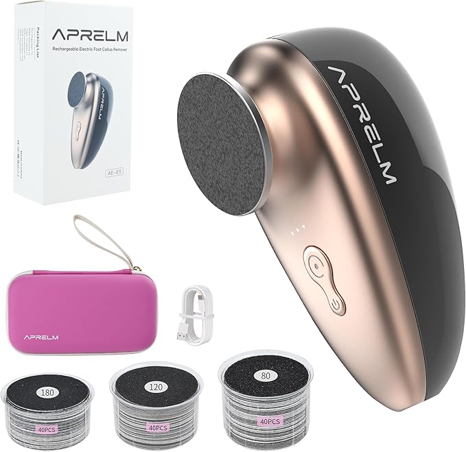 Rechargeable Electric Foot Callus Remover with 3-Sizes 120Pcs Sandpapers, Professional 1000RPM Electric Foot File with Organizer, Pedicure Tools Gifts for Women Men (E5 Black-Gold)