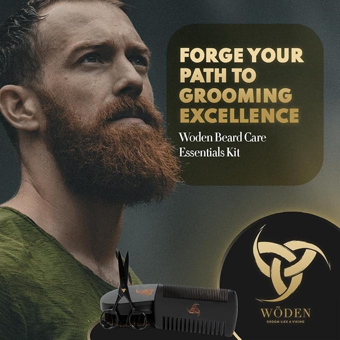 Woden Beard Maintenance Kit - Premium Luxury Black Beard Brush and Comb Gift Set | Mustache and Beard Scissors, Boar Bristle Beard Brush, Fine-Tooth Pearwood Beard Comb, Travel Bag and Gift Box