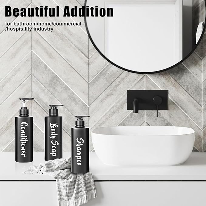 16.9oz Bathroom Soap Dispenser Set, Refillable Shampoo and Conditioner Bottles, Empty Bottles with Pump for Shampoo, Conditioner, or Body Wash, Matte Black Shower Dispensers, Set of 3