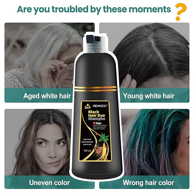 Instant Hair Dye Shampoo for Women Men, Hair Coloring Shampoo for Gray Hair, 500ml Herbal Ingredients 3 in 1 Black Hair Dye - 100% Gray Coverage Coloring in Minutes Hair Dye 16.9 Fl Oz (Black)