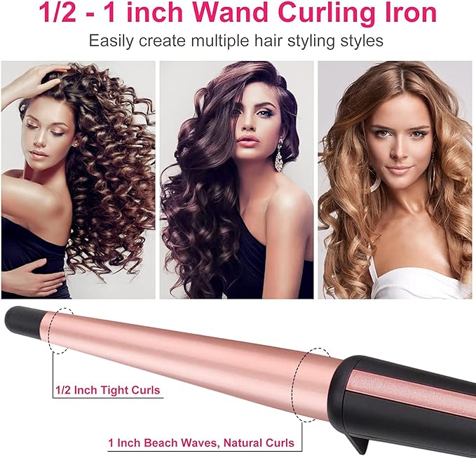 Hair Curling Wand, 0.5-1Inch Tapered Curling Iron, Professional Ceramic Hair Curler Wand with Heat-Resistant Glove, Dual Voltage (Pink)