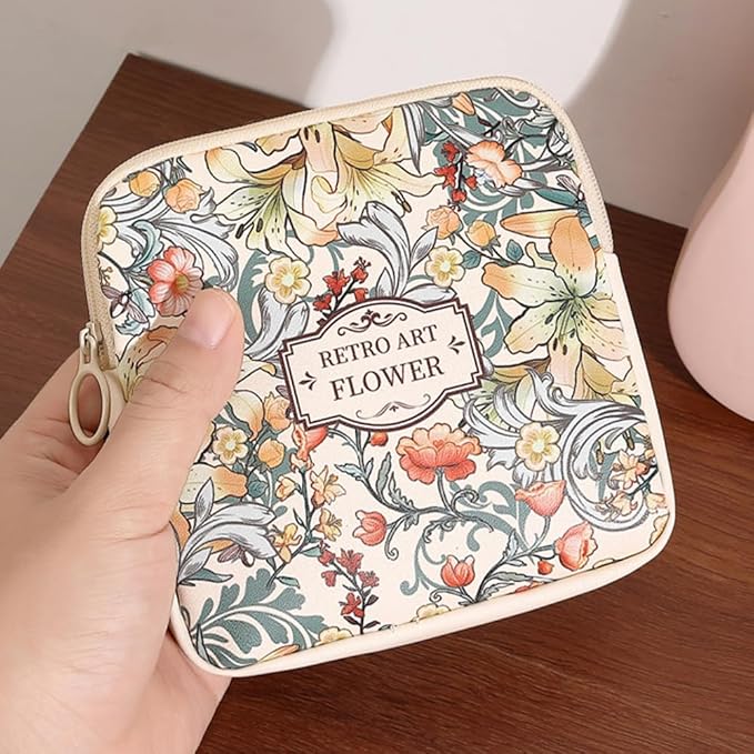 Sanitary Napkin Storage Bags,Portable Menstrual Cup Nursing Pad Tampon Storage Pouch,Leather Oil Painting Flower Travel Makeup Bags Coin Purse Sundries Pouch with Zipper