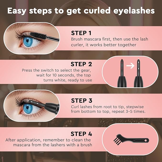 Heated Eyelash Curler, Electric Eyelash Curler for Fast Heat up Within 10s - 24 Hours Long Lasting, 2 Temp Settings Makeup Tools Safe & Portable Lash Curler with USB Charging