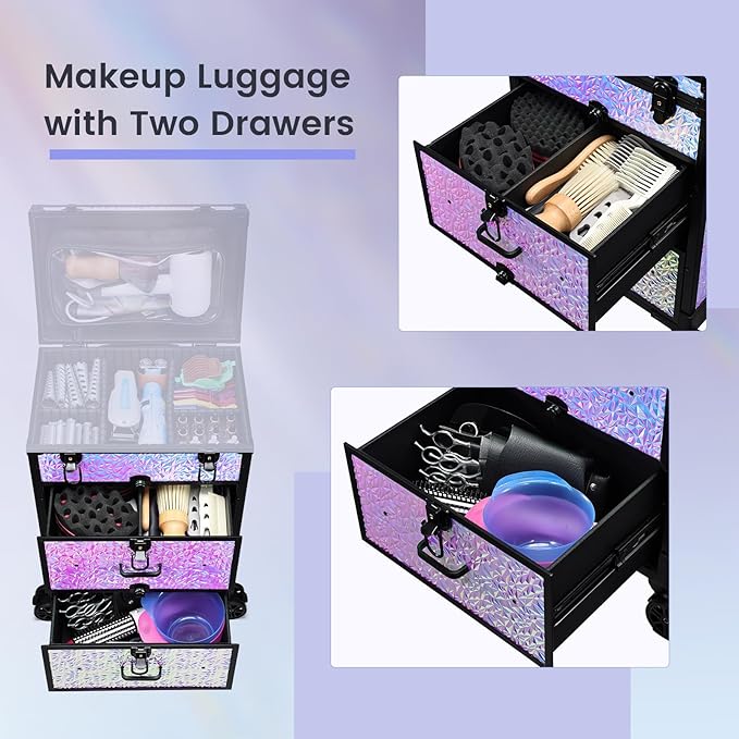 Adazzo Professional Rolling Makeup Train Case with Drawers, Large Cosmetic Trolley with Locks, Cosmetics Storage Organizer Make up Case for Travel Makeup/Nail Art/Hair Styling, Shiny Pink