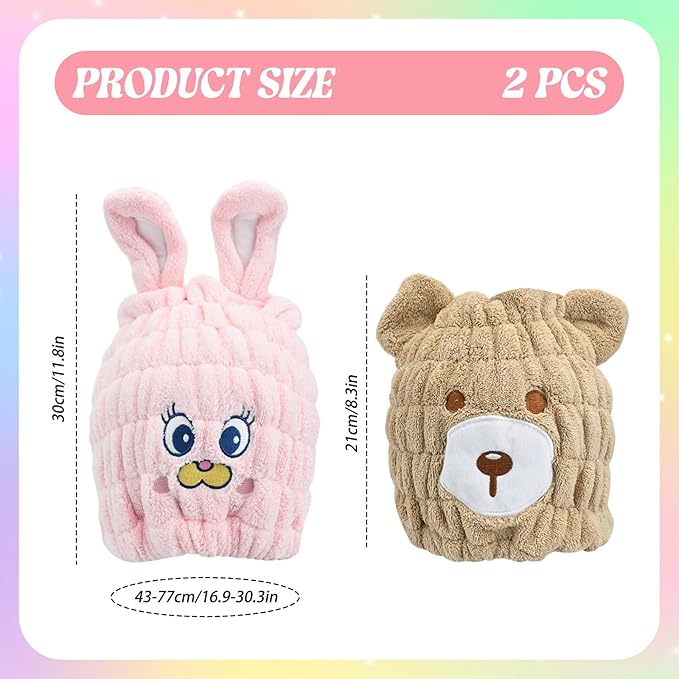 2 PCS Microfiber Hair Towel Wrap for Kids, Girls & Women,Cute Unicorn and White Rabbit Dry Hair Cap - Super Absorbent Quick Drying, Lightweight Turban Towel for Wet Hair (Brown) (Color A)