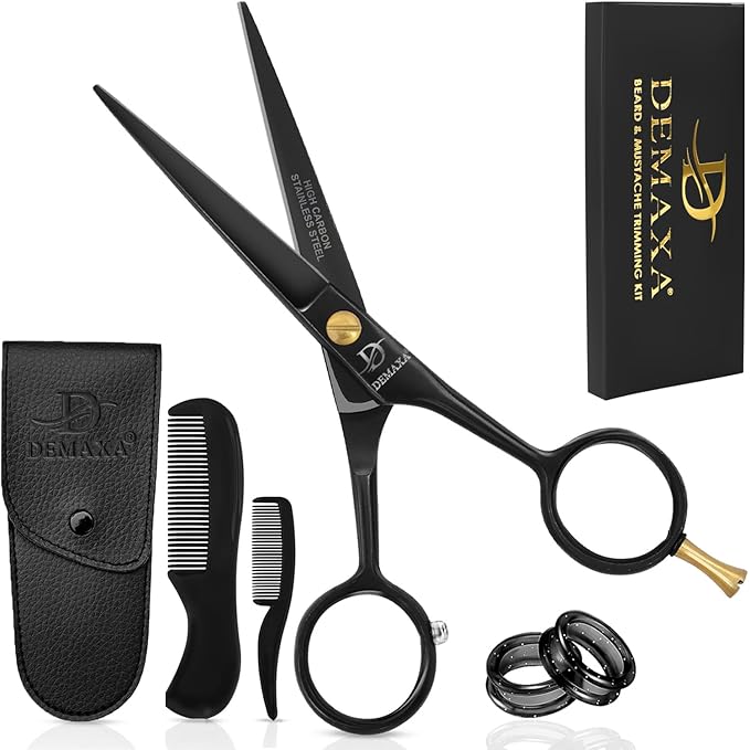 5" Professional Beard Scissors for men Mustache Scissors with 1 Mustache Comb, 1 Beard Comb & Soft Pouch – Prefect Beard shears mustache kit for All Facial Hair – moustache Grooming kit for Men