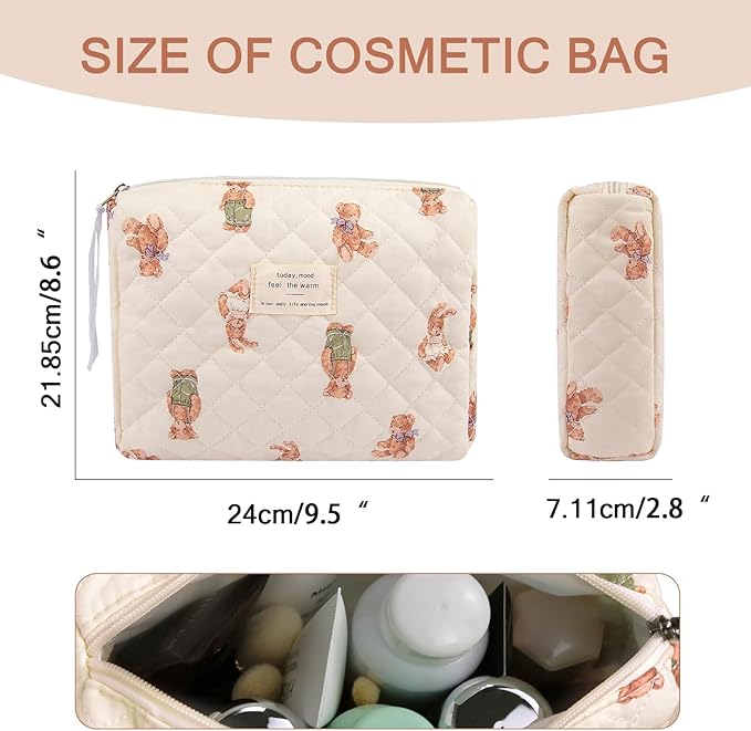 Floral Makeup Bag, Small Cosmetic Bag for Women Girls, Cute Cotton Makeup Bag, Quilted Makeup Bags, Flower Travel Toiletry Organizer Bag (White Bear)