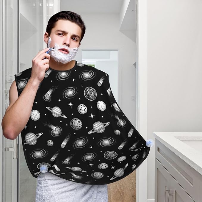 Men's Beard Maintenance Apron, Waterproof & Easy Clean, Black and White Universe Galaxy Stars Space Planets UFO