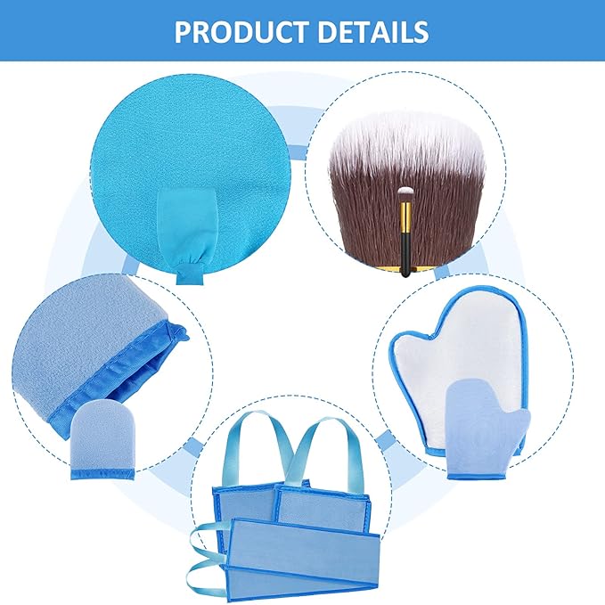 Boao 5 Pieces Self Tanning Mitt Applicator Kit, Includes Tanning Mitt, Exfoliating Glove, Mini Face Glove, Back Lotion Applicator, and Large Brush Makeup(Blue)
