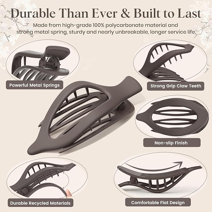 4 PCS Large Flat Hair Clips for Women Girls, French Concord Lay Down Flat Claw Clips for Thick Thin Hair, Comfortable Curved Flat Hair Clip, Matte Non-slip Strong Hold Hair Accessories, Brown