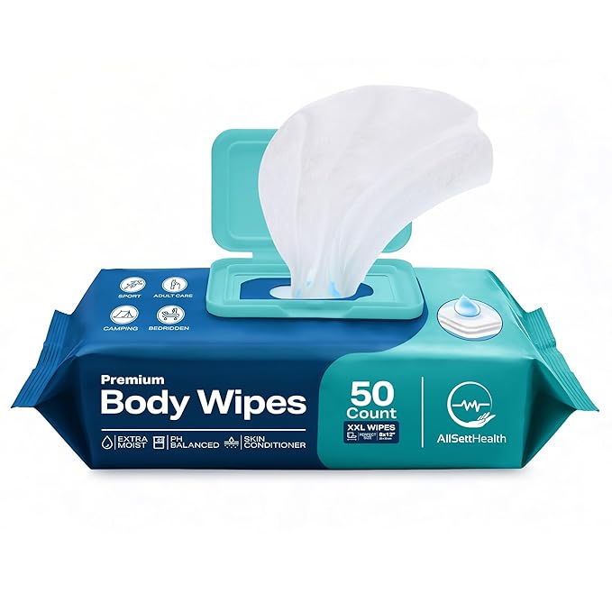 Body Wipes for Adults - XL Wet Wipes 8" x 12" (50 count) | Rinse Free Bathing Wipes - Wash Cloths for incontinence, Disposable Washcloths with Aloe Vera and Vitamin E - Camping, Elderly, Bathing