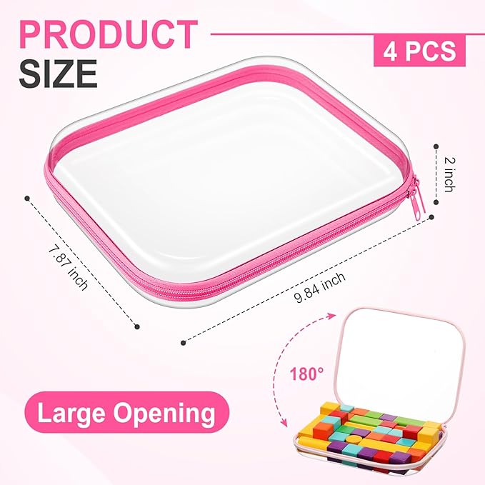 Hoolerry 4 Pcs Hard Clear Zipper Case Makeup Bags Plastic Zipper Pouch Transparent Storage Box Containers for Cosmetics, Snacks, Building Blocks, Puzzles(Clear,9.8 x 7.9 x 2 in,Pink)