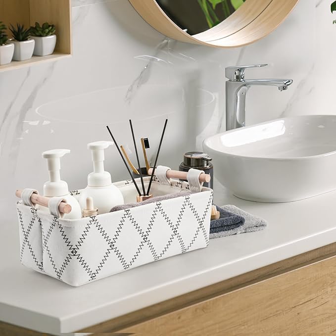 Toilet Tank Basket for Bathroom Storage - Holds 2-4 Toilet Paper Rolls, Small Decorative Basket with Wood Handles, Collapsible Organizer for Countertop, Shelf, Boho Home Décor, 14"x6.3"x3.9", White